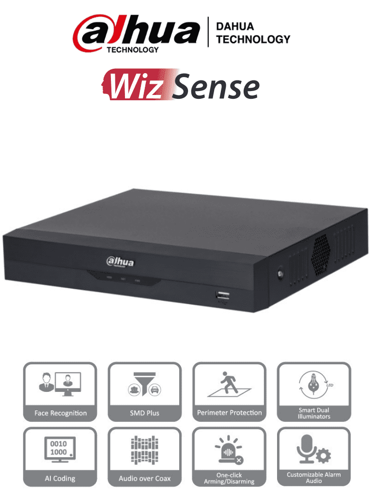 DAHUA XVR5104HS-I3 - DVR de 5MP Lite con WizSense. Soporta 4 canales + 2 IP o hasta 6 canales IP. Reconocimiento facial y protección perimetral en 1 canal, incluye SDM Plus, codificación H.265+, y funciones para IoT & POS. 1 puerto SATA #HDCVI9.0 #5MP DAHUA XVR5104HS-I3 - DVR de 5MP Lite con WizSense. Soporta 4 canales + 2 IP o hasta 6 canales IP. Reconocimiento facial y protección perimetral en 1 canal, incluye SDM Plus, codificación H.265+, y funciones para IoT & POS. 1 puerto SATA #HDCVI9.0 #5MP